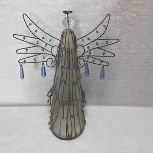 Wire Beaded Angel Christmas Tree‎ Topper Blue Crystal Accents Silver Mesh